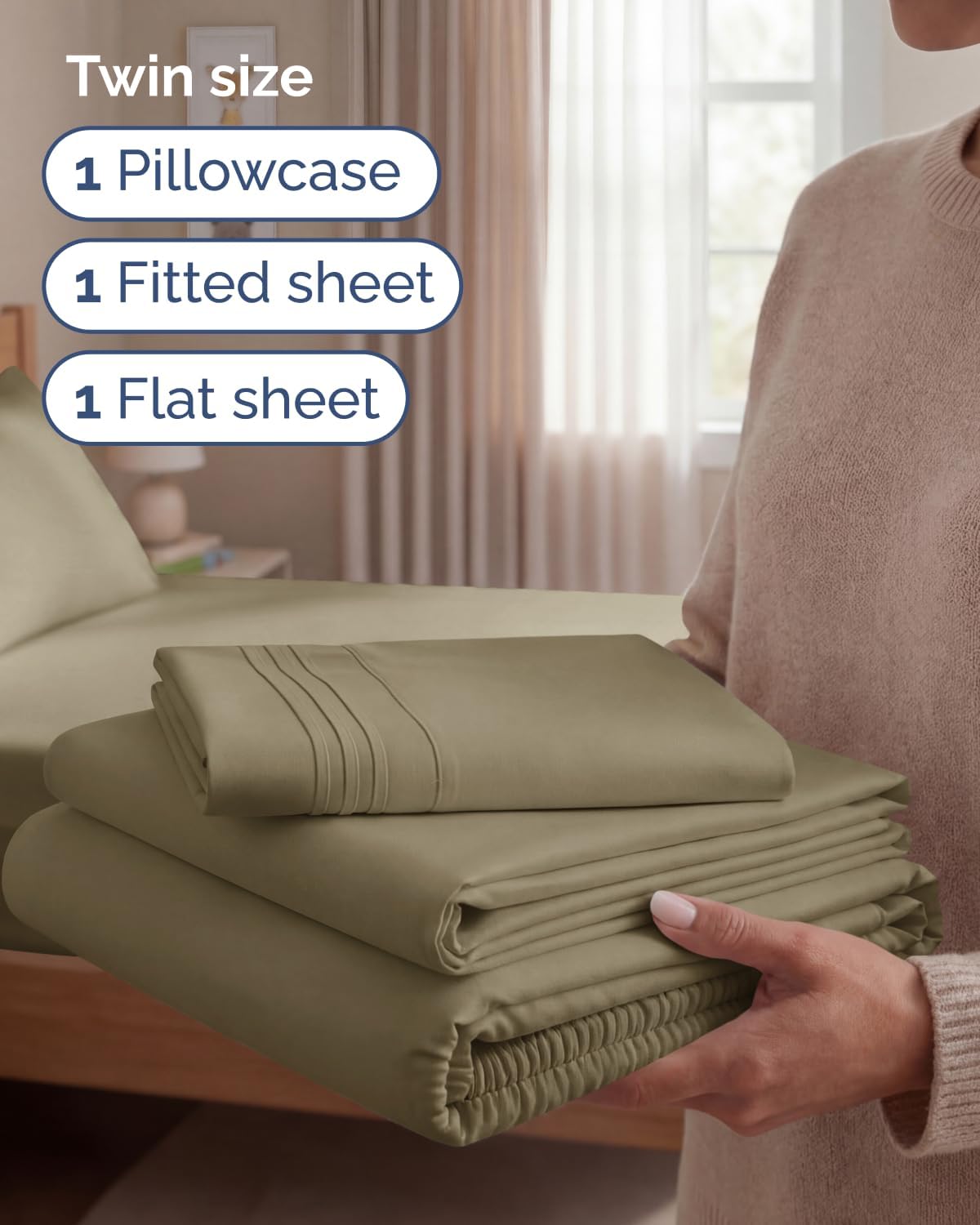 Twin Size 3 Piece Sheet Set - Comfy Breathable & Cooling Sheets - Khaki
