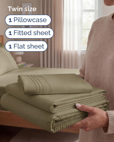 Twin Size 3 Piece Sheet Set - Comfy Breathable & Cooling Sheets - Khaki