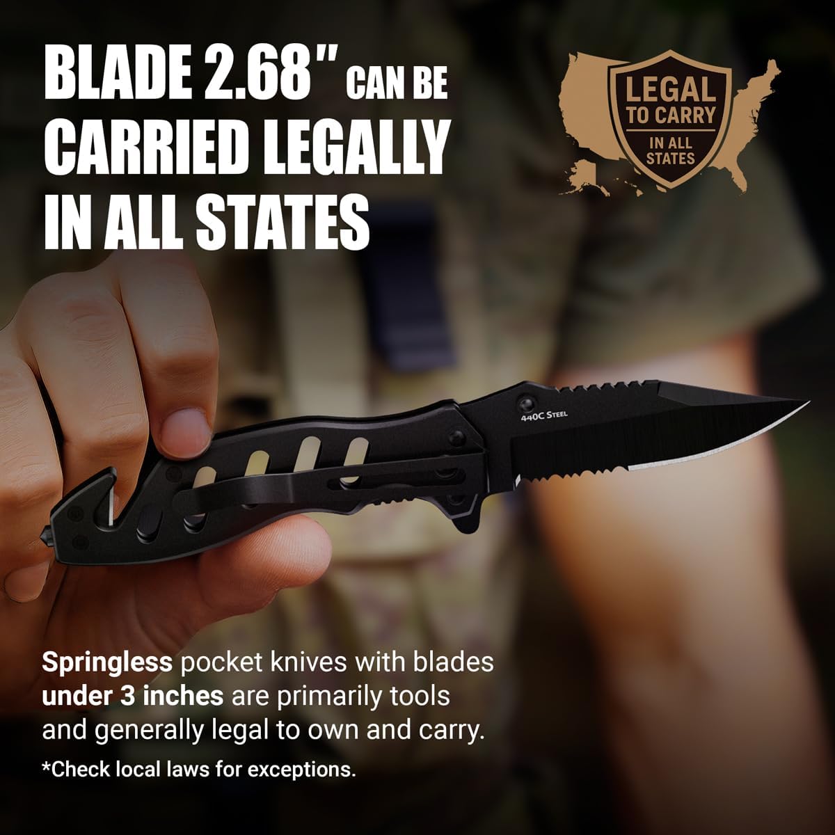 Tactical Legal Knife for Men Women - 2.68 inch Serrated Blade - Small Black Pocket Knives with Glass Breaker Seatbelt Cutter - Cool Folding Tool for Camping Work EDC - Mens Birthday Gift Ideas 6655 B