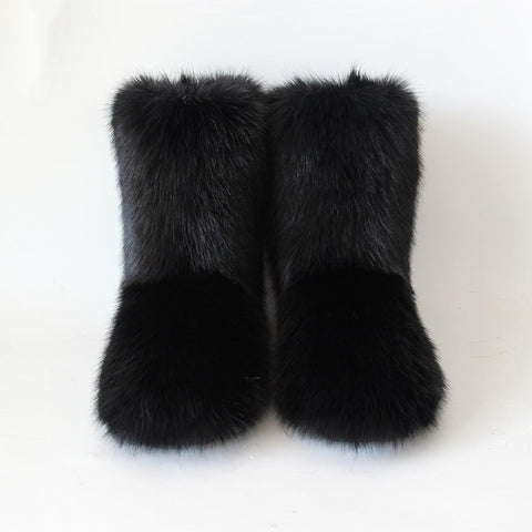 QMFUR Women's Furry Faux Fur Boots Fuzzy Fluffy Mid Calf Snow Boots Suede Warm Fur Lined Booties Flat Fashion Boots