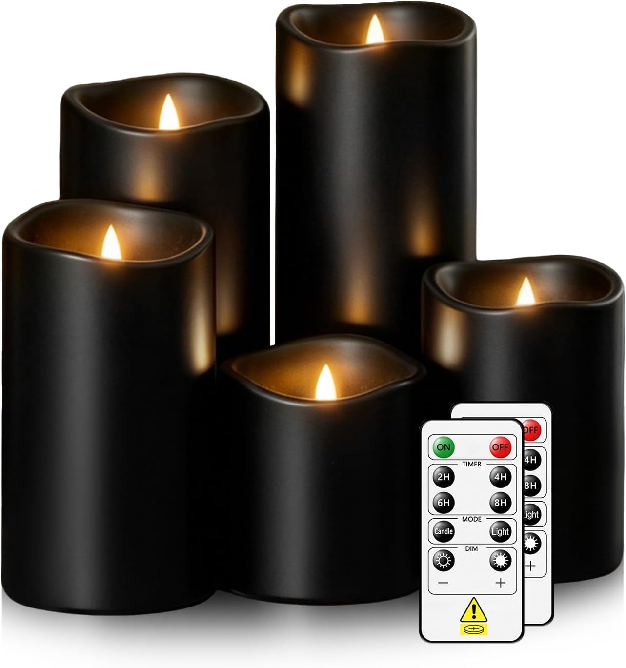 kakoya Flameless Candles with Remote Control and Timer,Flickering Battery Operated LED Pillar Candles Plastic Set of 5(D 3" x H 3" 4" 5" 6" 7") Black