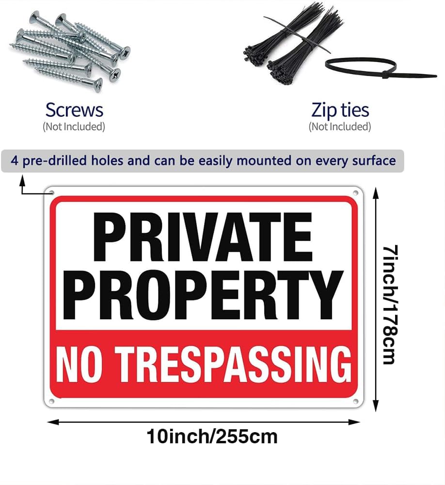 Private Property No Trespassing Signs, 2 Pack, 10 x 7 Inch Aluminum