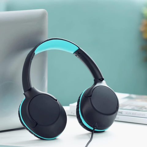 POWMEE Kids Headphones Over-Ear Headphones for Kids/Teens/School with 94dB Volume Limited Adjustable Stereo 3.5MM Jack Wire Cord for Fire Tablets/Travel/PC/Phones(Black)