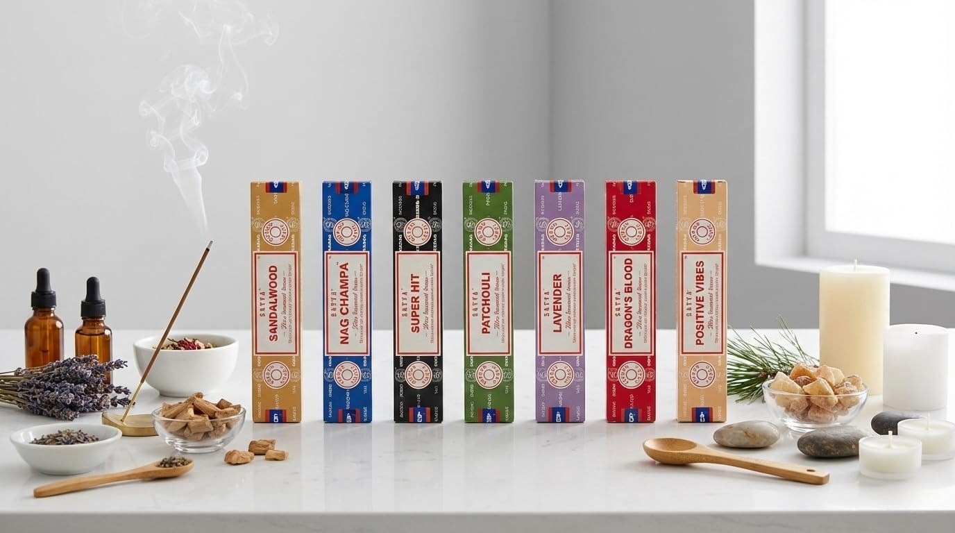 Satya Incense Gift Set Nag Champa, Super hit, Dragon's Blood, Sandalwood, Patchouli, Lavender, Positive Vibes, 15 g
