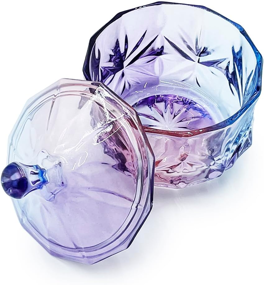 8oz Glass Candy Dish with Non-Airtight Lid,Small Crystal Chrismas Candy Jar,Cotton Round Holder,Office,Bathroom,Dining Room Organizer(Colorful Purple)