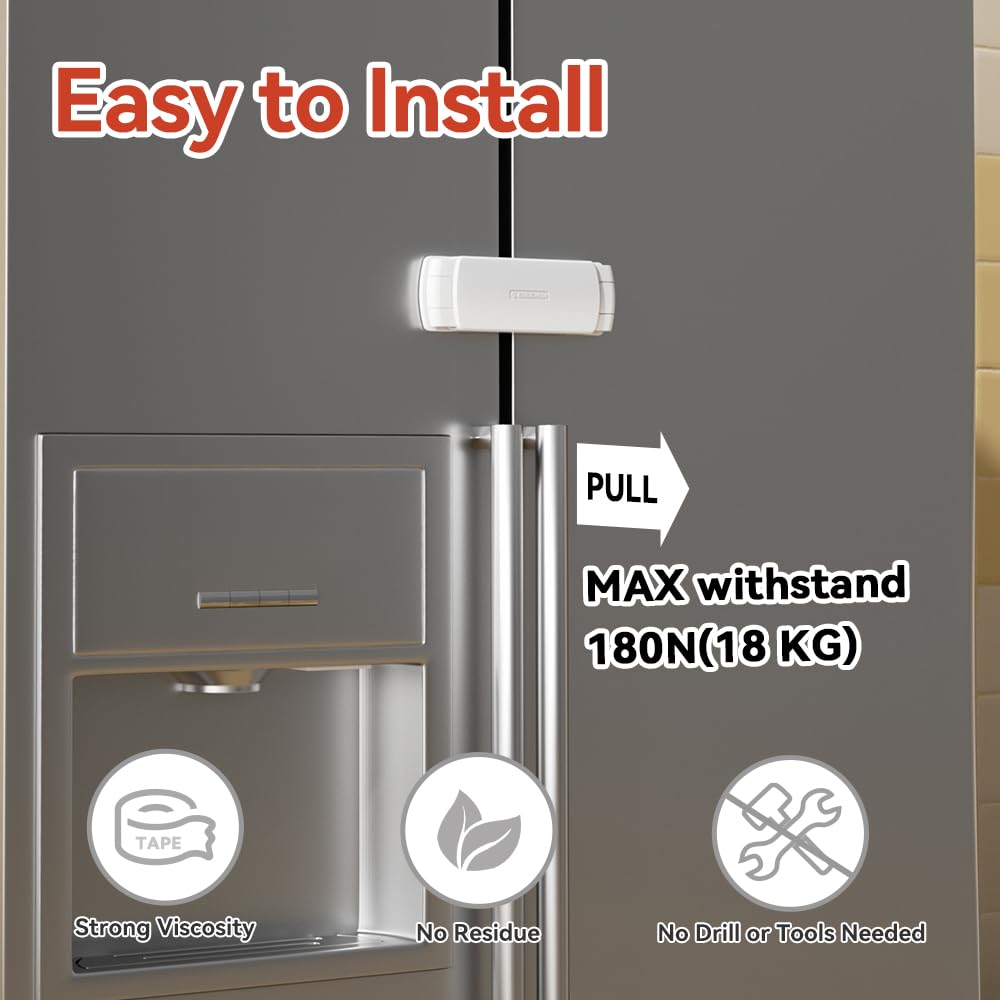 EUDEMON 1 Pack Latest French Fridge Lock French Door Refrigerator/Freezer Lock Apply to Max 3.54"(90mm) Two Door Gap Distance for Kids & Babies,Easy to Install no Tools Need or Drill (White)