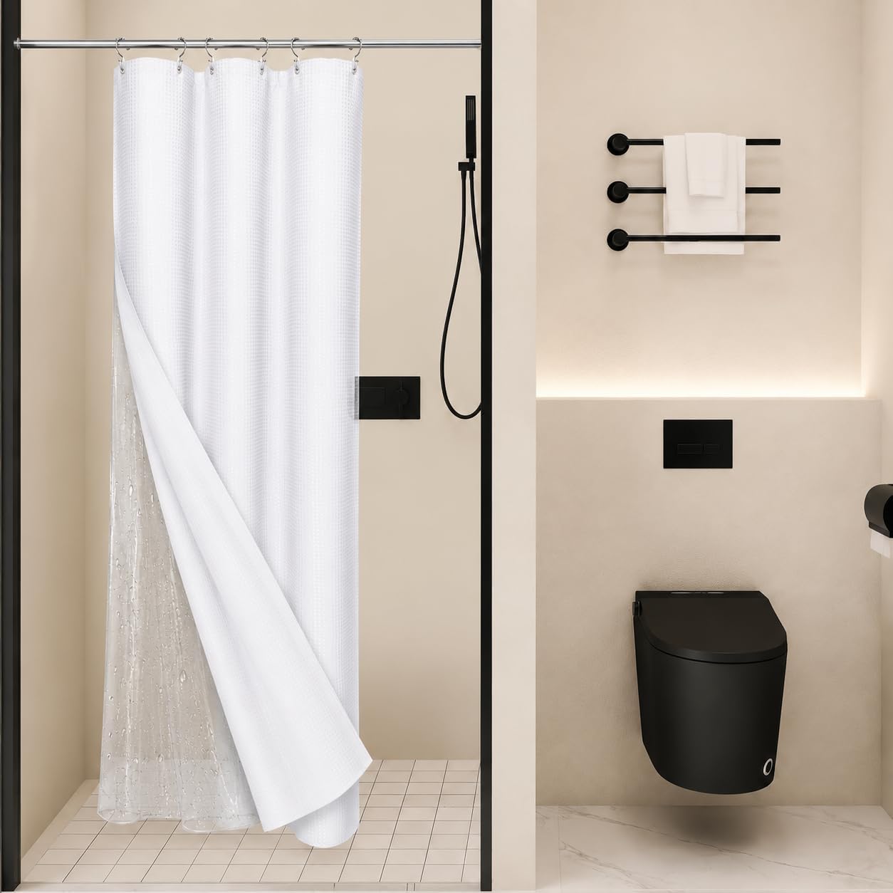 LaCyan Waterproof Waffle Shower Curtain, 258GSM Heavy Duty 3 Piece Set with Clear Liner and 6 Stainless Steel Hooks, Polyester Fabric Shower Curtains for Bathroom, Machine Washable, 36x72 Inch, White