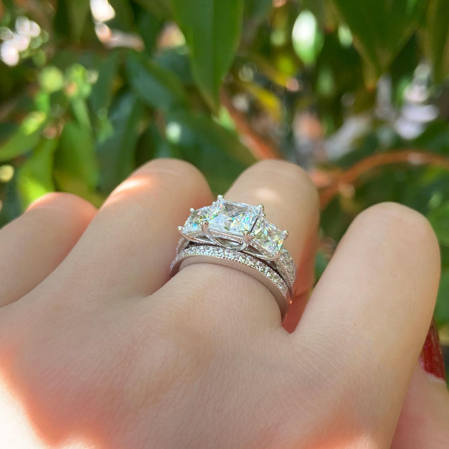 SHELOVES 925 Sterling Silver Three-Stone Princess CZ Wedding Rings Set