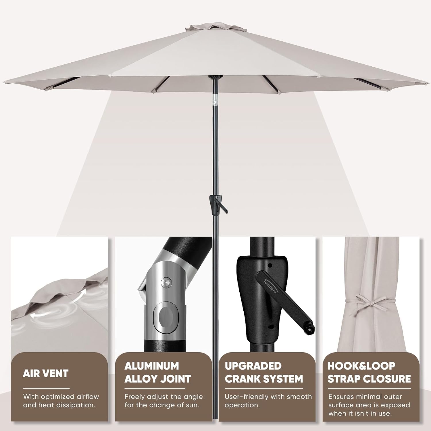 Tempera Patio Market Outdoor Table Umbrella with Push Button Tilt and Crank, Large Sun Umbrella with Sturdy Pole & Fade Resistant Canopy, Easy to Set