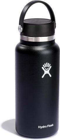 Hydro Flask Water Bottle - Insulated Stainless Steel - Wide Mouth Flex Lid, Non Spill, Leakproof and Refillable in 32 Oz Black