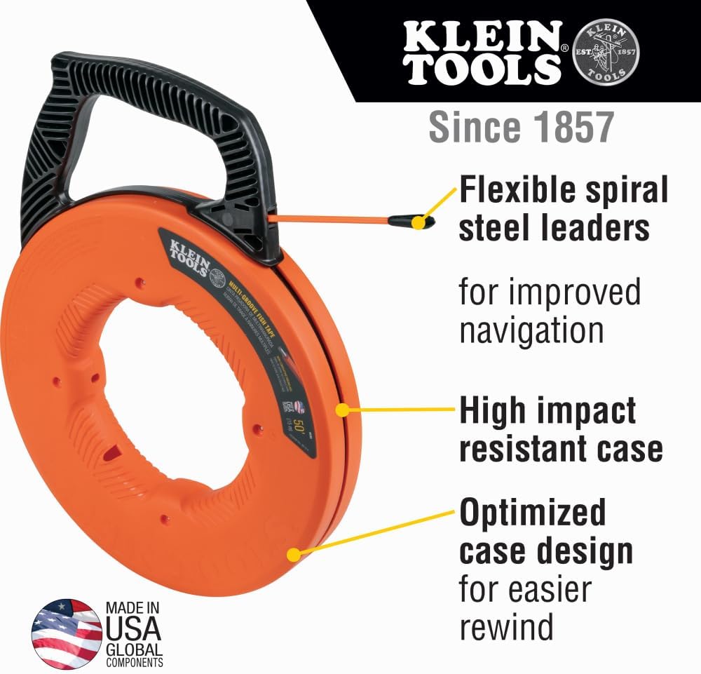 Klein Tools 56382 Non-Conductive Fiberglass Fish Tape, Multi-Groove Wire Puller, Optimized Housing and Handle, 50-Foot x 3/16-Inch