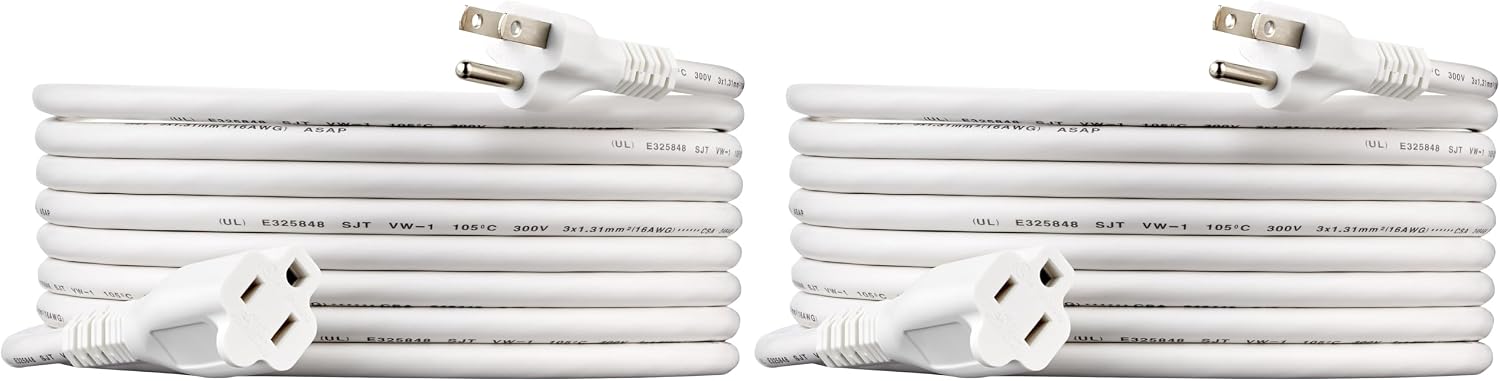 Amazon Basics Indoor Extension Cord, 3 Prong Outlet Extender Power Cord, 13 Amps, 125V, 15 Foot, White, 2-Pack