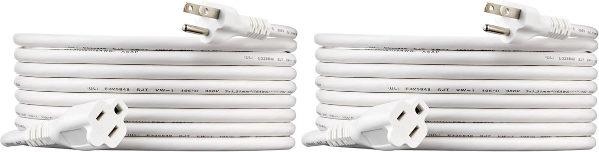 Amazon Basics Indoor Extension Cord, 3 Prong Outlet Extender Power Cord, 13 Amps, 125V, 15 Foot, White, 2-Pack
