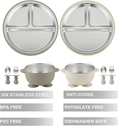 PandaEar 8PCS Baby Feeding Set | Stainless Steel Suction Plates and Bowls with Silicone Fork and Spoon Utensils | Baby Led Weaning Tableware for Toddlers & Kids (Tan & Walnut)