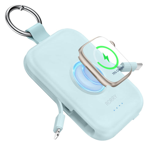 RORRY Portable Charger, 5000mAh Portable Charger Power Bank with Built-in Cables, Travel Keychain Battery Pack for Apple Watch Ultra 2/9/8/Ultra/7/6/SE/5, iPhone 16/15/14/13/12, Blue