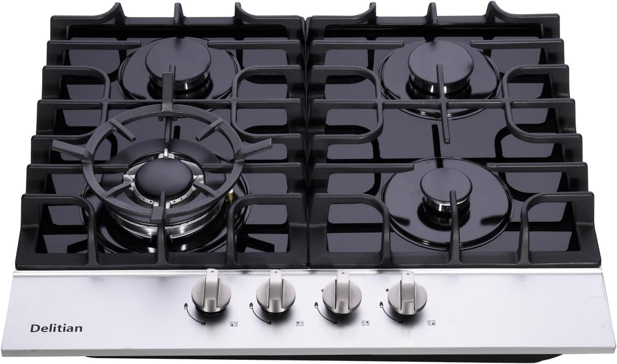 24 Inch Gas Cooktop DT4188A Tempered Glass Built-in Gas Stovetop, 4 High Efficiency Burners LPG/NG Convertible Gas Stove Top Dual Fuel Gas Hob