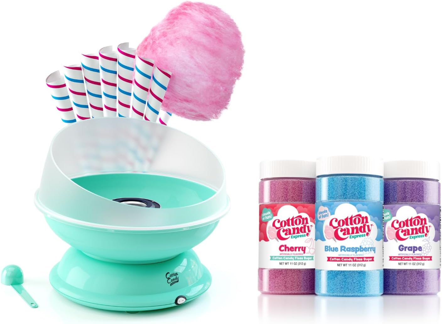 Cotton Candy Express BB1000-S Cotton Candy Machine, with 3-11oz. Jars of Cherry, Grape, Blue Raspberry Floss Sugar & 50 Paper Cones. Easy to Use and Clean. Nostalgia and Fun for Kids and Adults