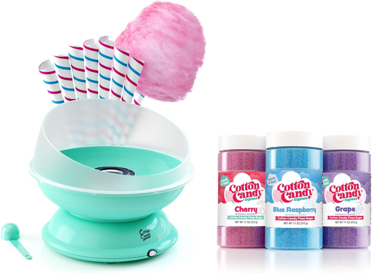 Cotton Candy Express BB1000-S Cotton Candy Machine, with 3-11oz. Jars of Cherry, Grape, Blue Raspberry Floss Sugar & 50 Paper Cones. Easy to Use and Clean. Nostalgia and Fun for Kids and Adults