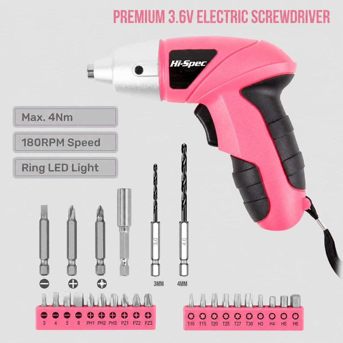 Hi-Spec Small Electric Screwdriver, Mini Drill Set, Rechargeable 3.6V Cordless Screwdriver with 26 Driver Bits, Power Tool for Small Projects & Home Use, Pink