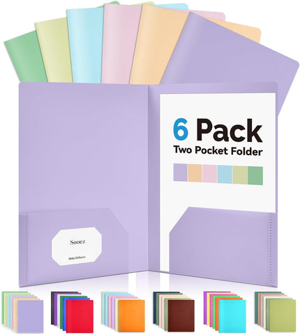 Sooez 6Pack Folders with Pockets, Pastels Colors, Heavy Duty Pocket Folder