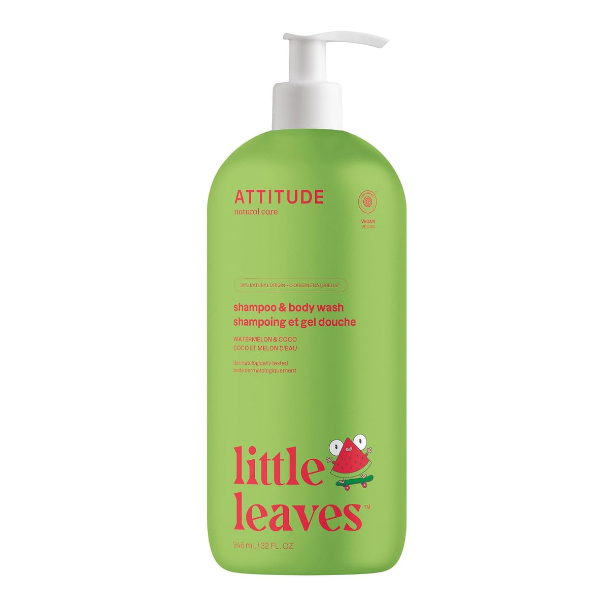 ATTITUDE Kids Shampoo & Body Wash 2-in-1, Watermelon & Coco, 32 Fl Oz
