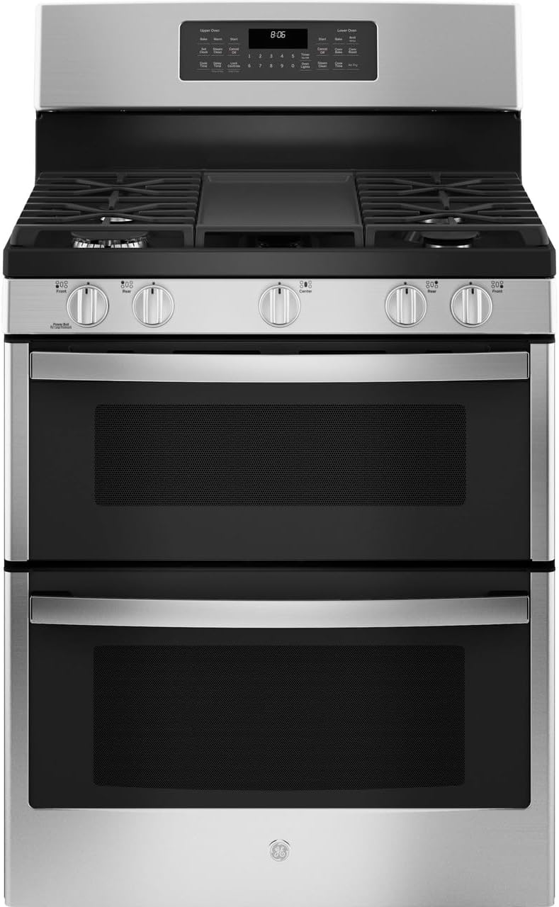 GE JGBS86SPSS 30" Free-Standing Gas Double Oven Convection Range 5 Sealed Burners, 6.8 Cu. Ft. Total Capacity, Dishwasher Safe Continuous Cast Iron Grates, Steam Clean