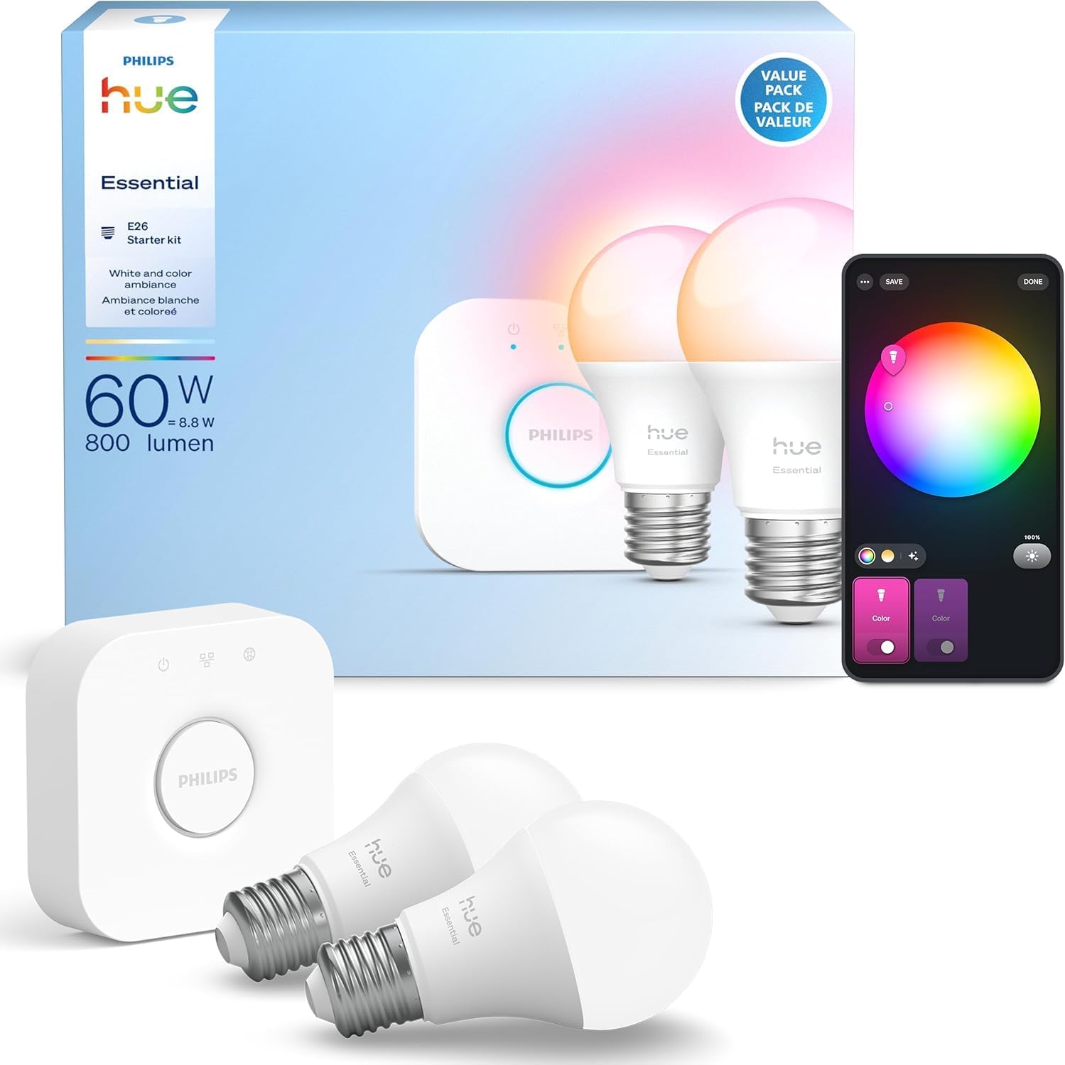 PHILIPS Hue Essential Starter Kit: Hue Bridge, 2 Essential E26 Smart Bulbs, White & Color Ambiance, 2200K-6500K, Dimmable LED Bulbs, Works with Alexa, Google Assistant, Samsung SmartThings, Apple Home