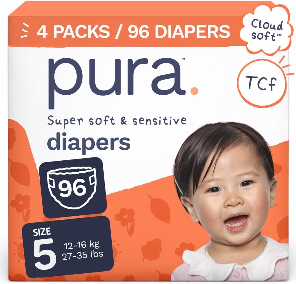 Pura Baby Diapers Size 5 (27-35 lbs) 96 Count Sensitive Skin