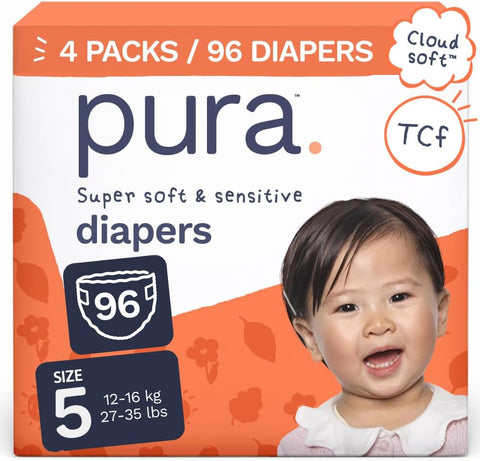 Pura Baby Diapers Size 5 (27-35 lbs) 96 Count Sensitive Skin