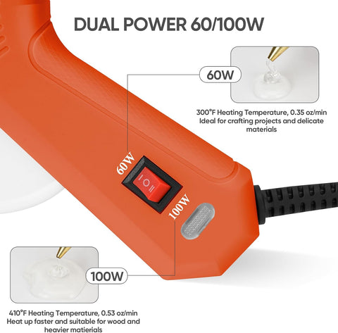 RoMech 60/100W Dual Temp Hot Glue Gun and Sticks Set, Full Size with Case