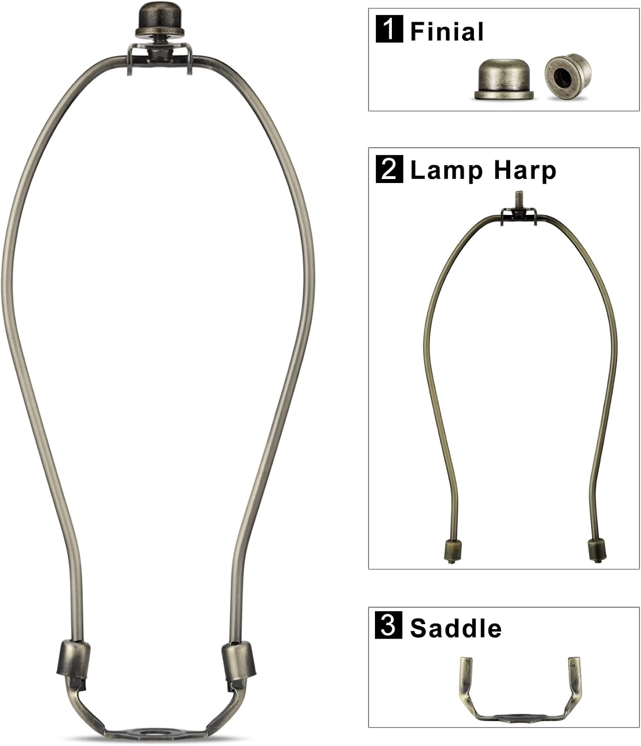 Antique Brass 10 Inch Lamp Shade Holder Kit with Finial Caps, 2 Set - Heavy Duty Harp Holder for Table and Floor Lamps