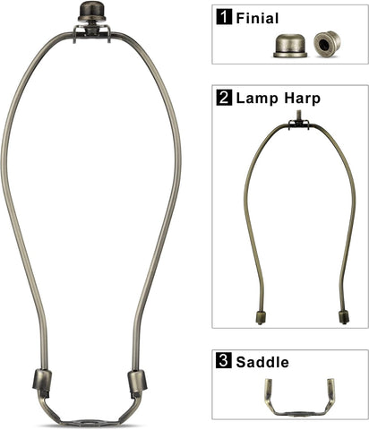 Antique Brass 10 Inch Lamp Shade Holder Kit with Finial Caps, 2 Set - Heavy Duty Harp Holder for Table and Floor Lamps