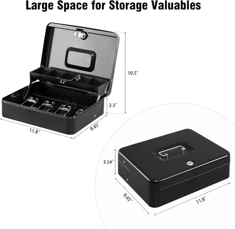 KYODOLED Cash Box with Top Key Lock–0.7mm Metal Money Box for Flea Market Vendors, Craft Fairs & Small Business, Portable Cash Drawer with Auto-Pop Coin Tray & Windproof Bill Clips (11.8", Black)