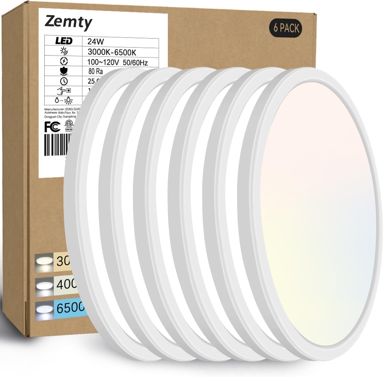 zemty 6Pack 12-Inch LED Flush Mount Ceiling Lights, 24W 3200Lumens 5 CCT Adjustable (3000K-6500K), Round Bright Light Fixture for Bedroom Kitchen Bathroom Hallway Closet(White)