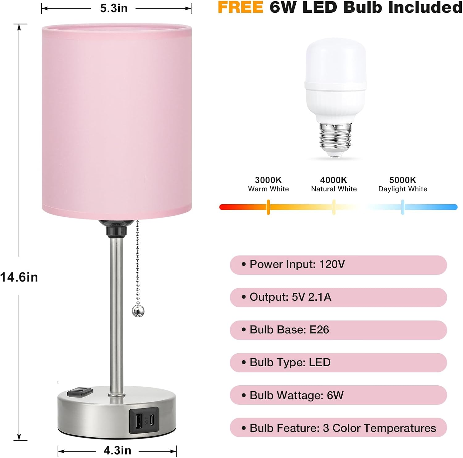 Small Bedside Table Lamp for Bedroom - Desk Lamp with USB Ports for Dorm