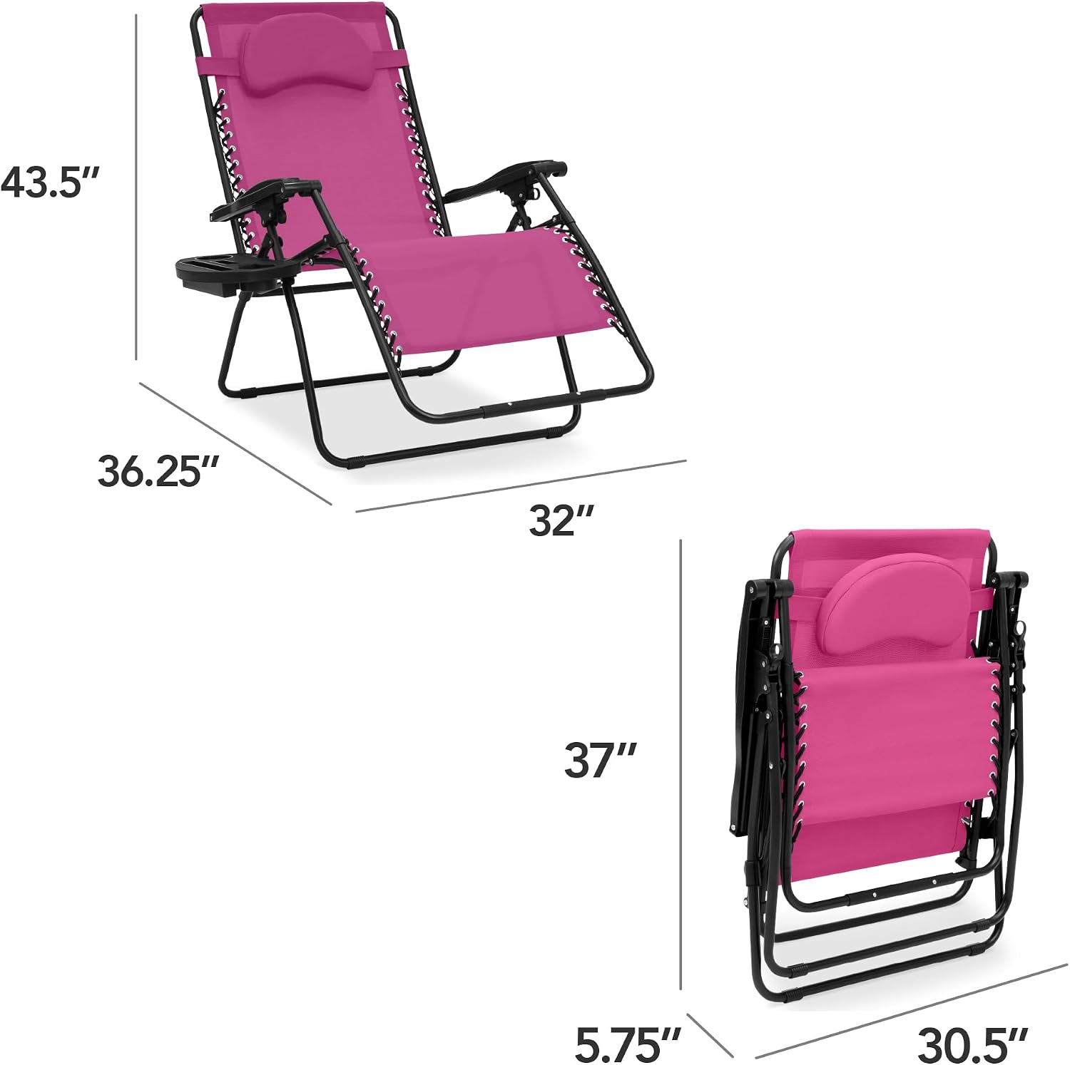 Best Choice Products Oversized Zero Gravity Chair, Folding Outdoor Patio Lounge Recliner w/Cup Holder Accessory Tray, Pillow - Hot Pink/Black