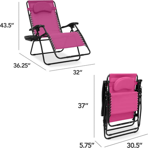 Best Choice Products Oversized Zero Gravity Chair, Folding Outdoor Patio Lounge Recliner w/Cup Holder Accessory Tray, Pillow - Hot Pink/Black