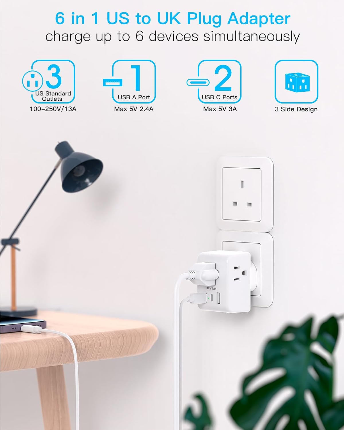 One Beat US to UK Ireland Travel Plug Adapter, Type G Plug Adapter 2 Pack