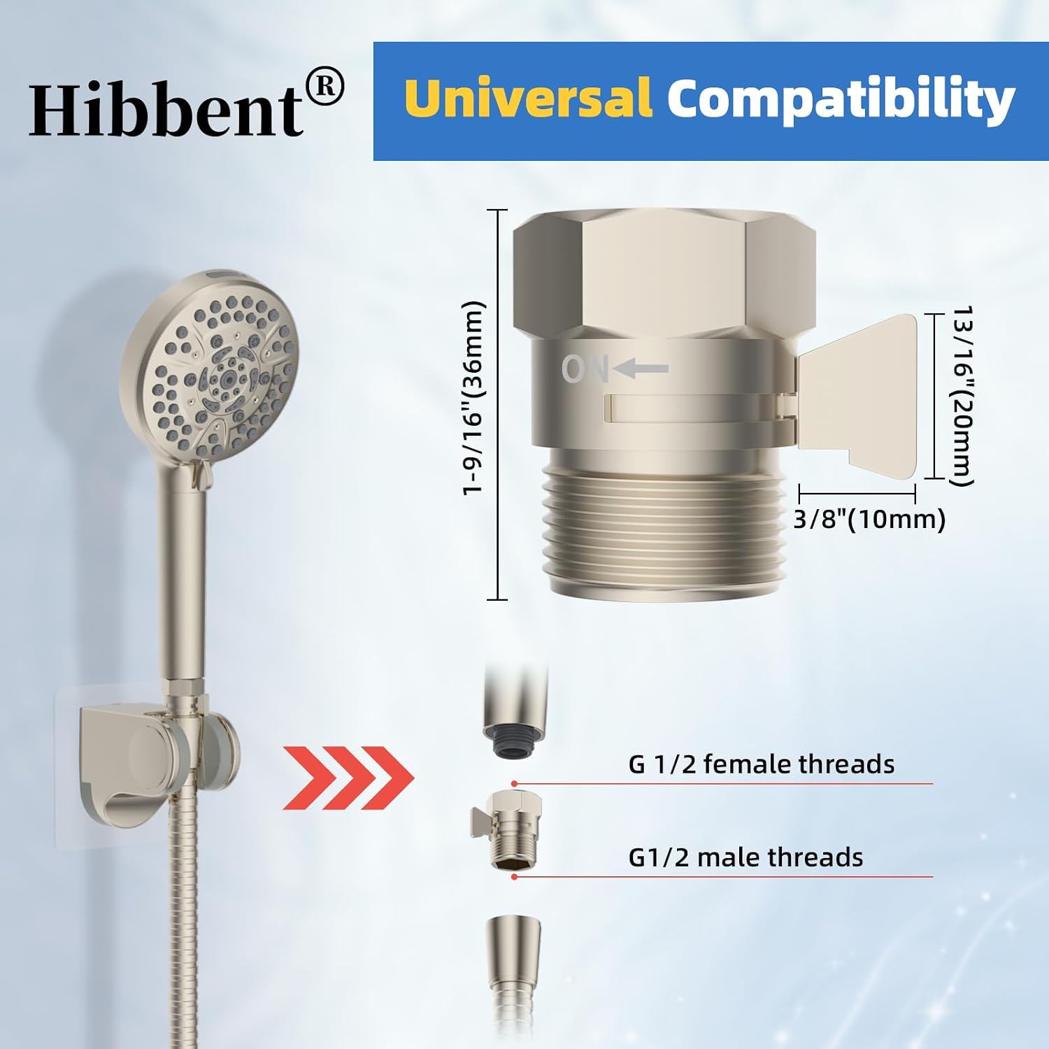 Hibbent All Metal 3 Pack Shower Head Flow Control Valve, G1/2 Brass Shut-off Valve with Metal Handle Lever, Shut OFF Water Flow Control Regulator for Handheld Shower, or Bidet Sprayer, Brushed Nickel