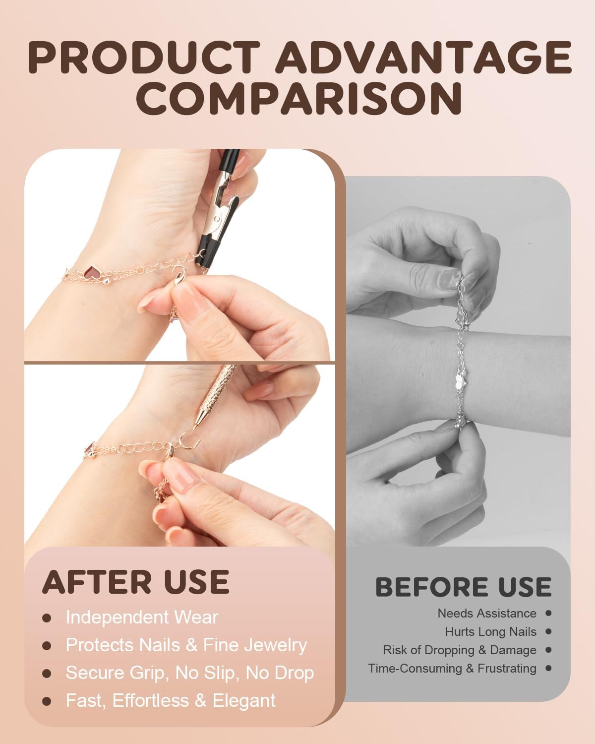 2 Pcs Bracelet Helper Tool, Portable Bracelet Helper with Rubber Tip Clip and 1mm Round Hook for Necklaces, Watches and Independent Jewelry Wear