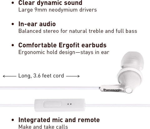 PANASONIC ErgoFit Earbud Headphones with Microphone and Call Controller Compatible with iPhone, Android and Blackberry - RP-TCM125-W - In-Ear (White)