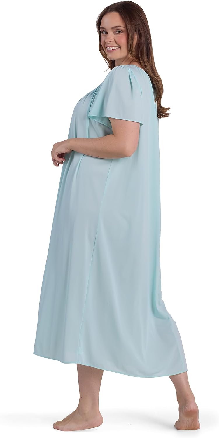 Miss Elaine Women's Long Tricot Nightgown, Short Flutter Sleeves, Comfortable Lightweight Fabric, Sleepwear