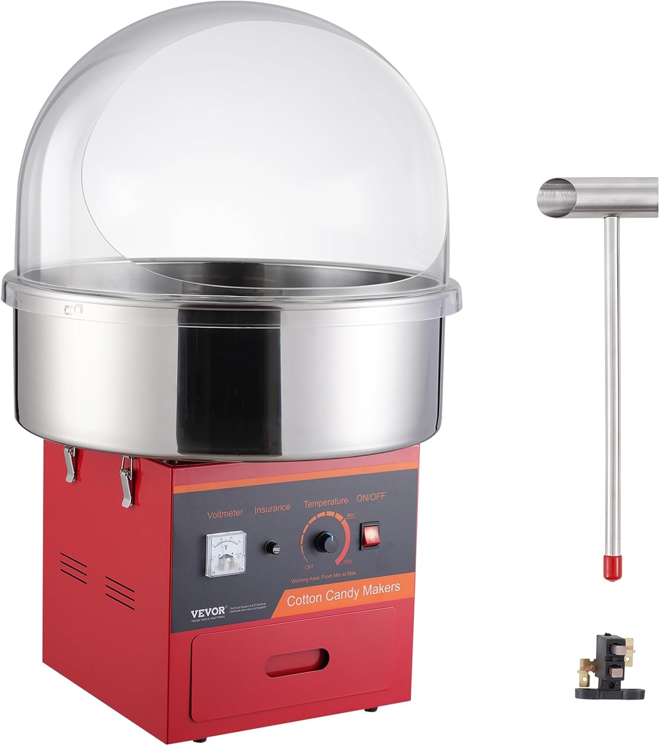 VEVOR Electric Cotton Candy Machine with Cover, 1000W Commercial Floss Maker w/Stainless Steel Bowl, Sugar Scoop and Drawer, Perfect for Home, Carnival, Kids Birthday, Family Party, Red