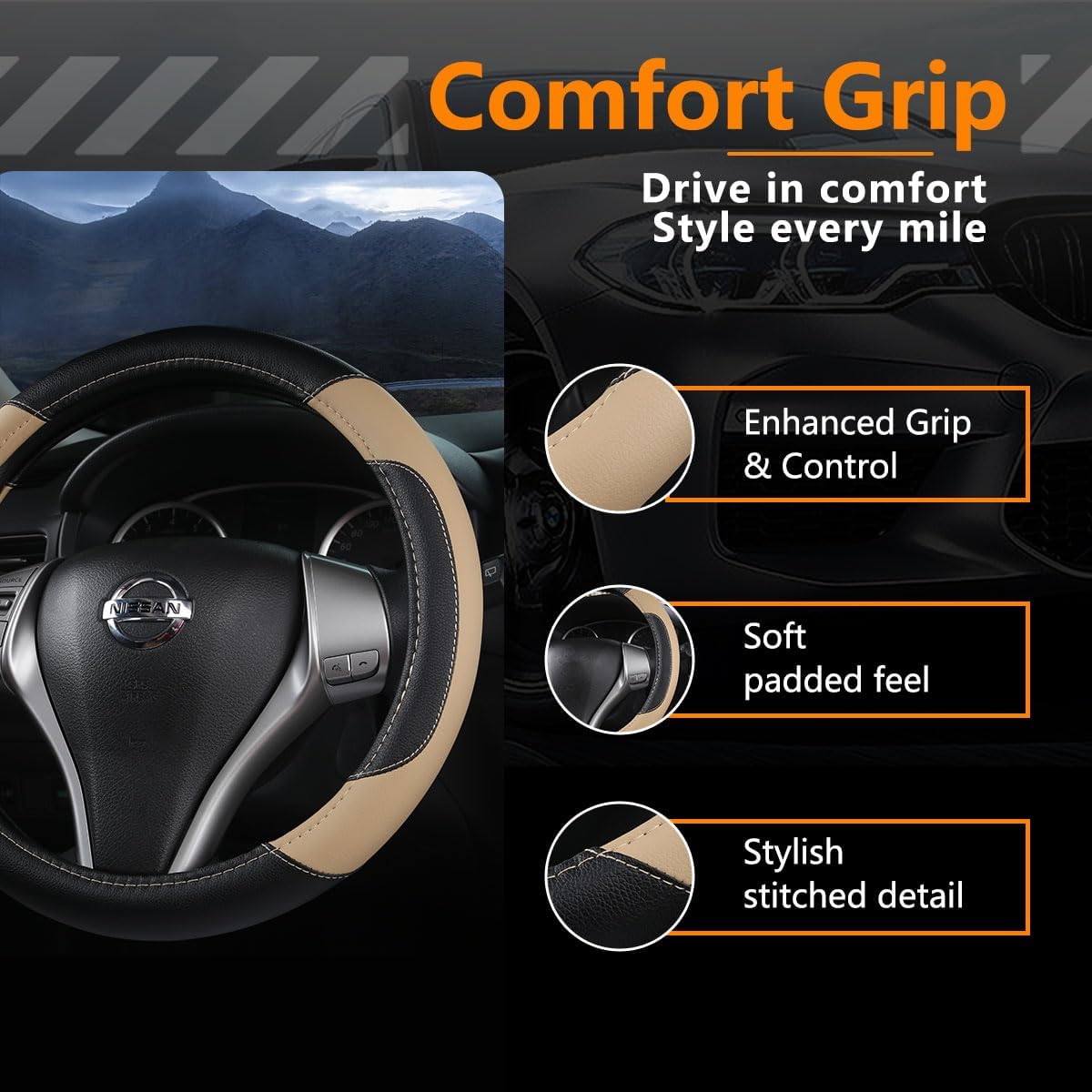 Leather Car Steering Wheel Cover, Universal Fit for Most Cars, Beige