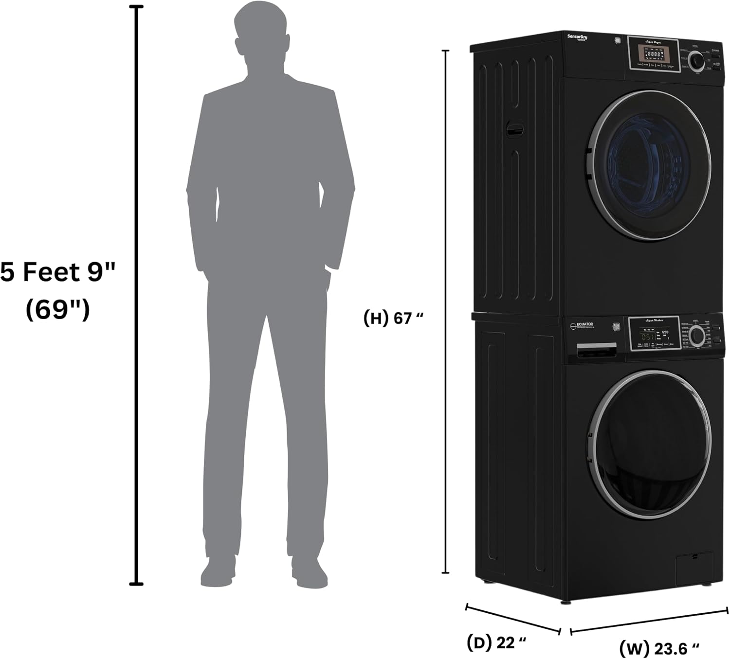 Equator Compact Stackable Laundry Washer EW 822 + Dryer ED 866, Black