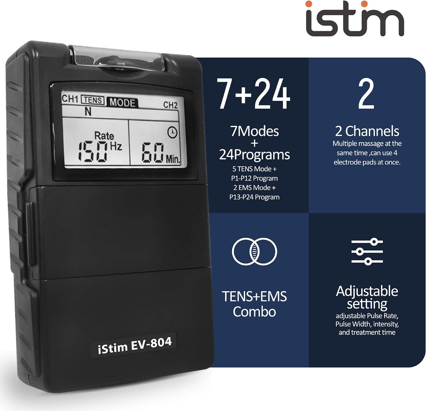 iSTIM EV-804 TENS/EMS 2 Channel Rechargeable Combo Machine Unit - Muscle Stimulator + Back Pain Relief and Management- 7 modes/24 Programs/Backlit (Including Electrodes Pads)