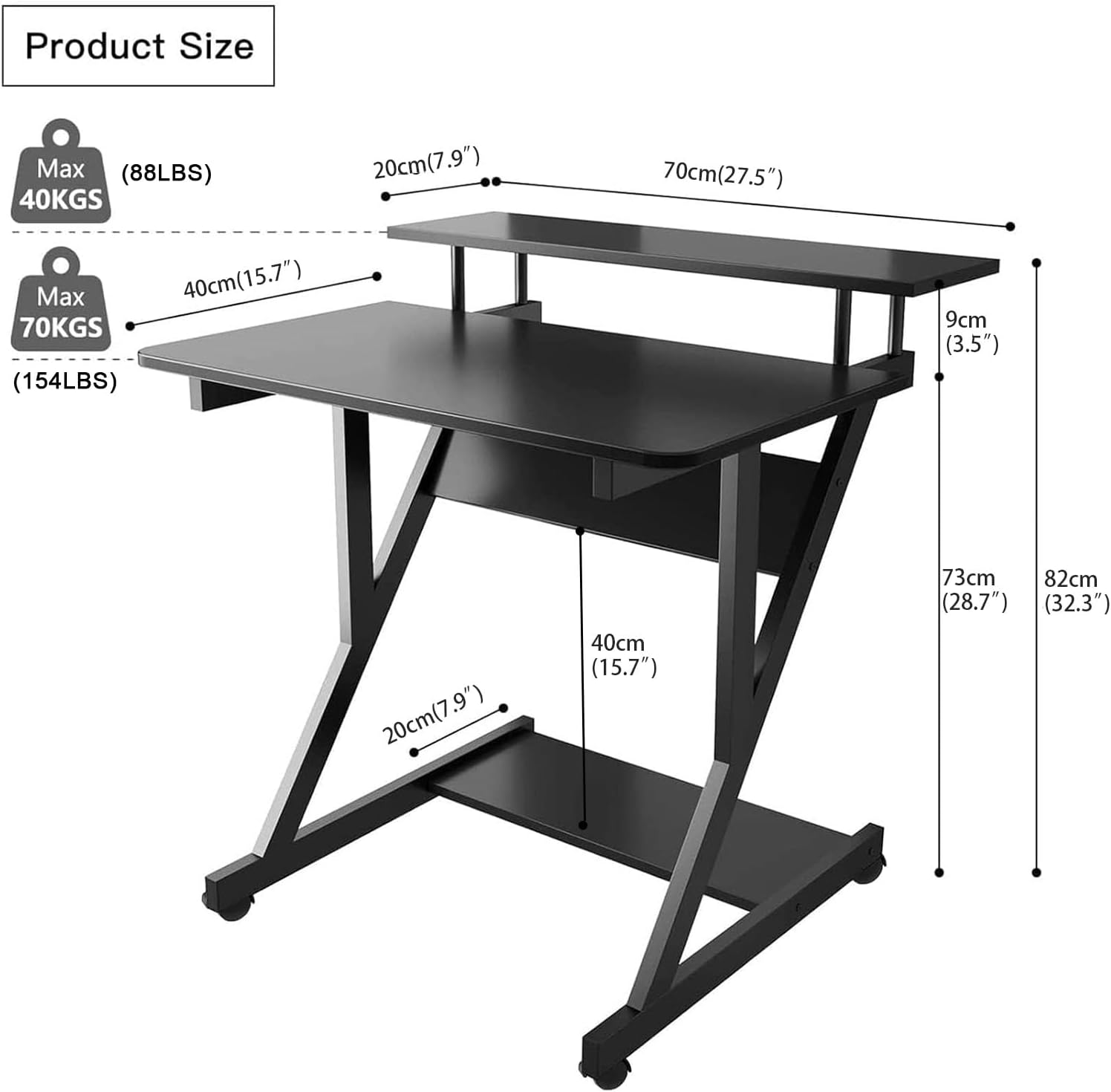 Dripex Computer Desk for Small Spaces, 27.5 inch Small Computer Desk, 3 Tier Compact Desk with Monitor Shelf and Bottom Storage Shelves, Space Saving Desk, Black