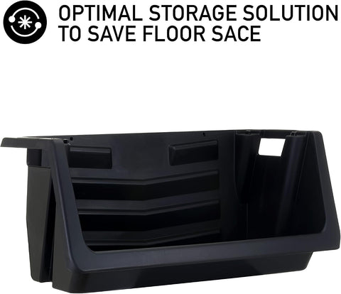 Mighty Tuff Heavy Duty Nesting Stack Bins, Pack of 3, Extra-Large Handles, Wide Front Opening, Interlocking, Stack Vertically, Holds Up to 100 Pounds, Black