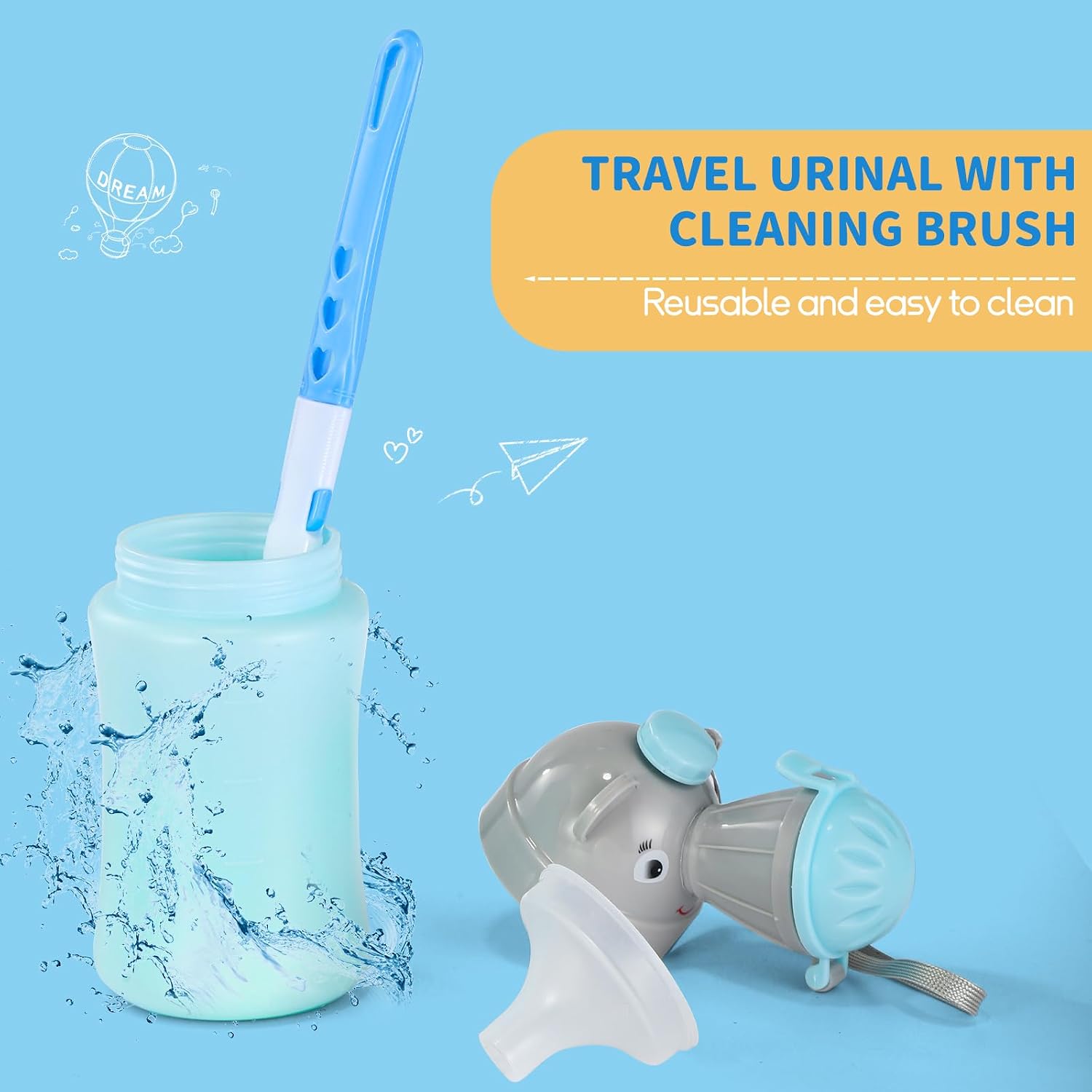 ONEDONE Portable Urinal for Kids 17 OZ Pee Bottle with Clean Brush Travel Urinal for Kids Baby Child Pee Cup for Boys Emergency Toilet for Camping Car Travel and Kid Potty Training(Blue)
