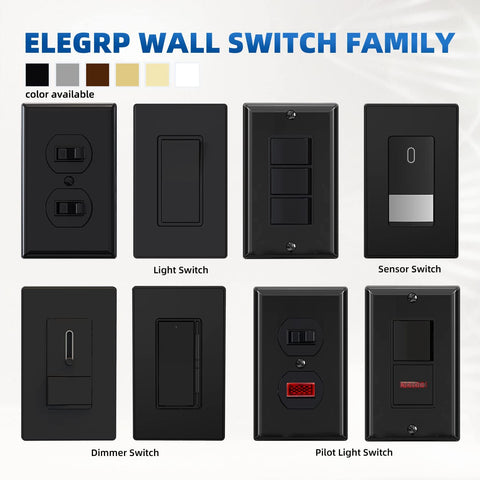 ELEGRP Matte Black Single Pole Decorator Light Switch, 15Amp, 120-277V, Decorative Paddle Rocker Switch Replacement, On/Off Wall Switch, Self-Grounding, Residential/Commercial Grade, UL/CUL (5 Pack)